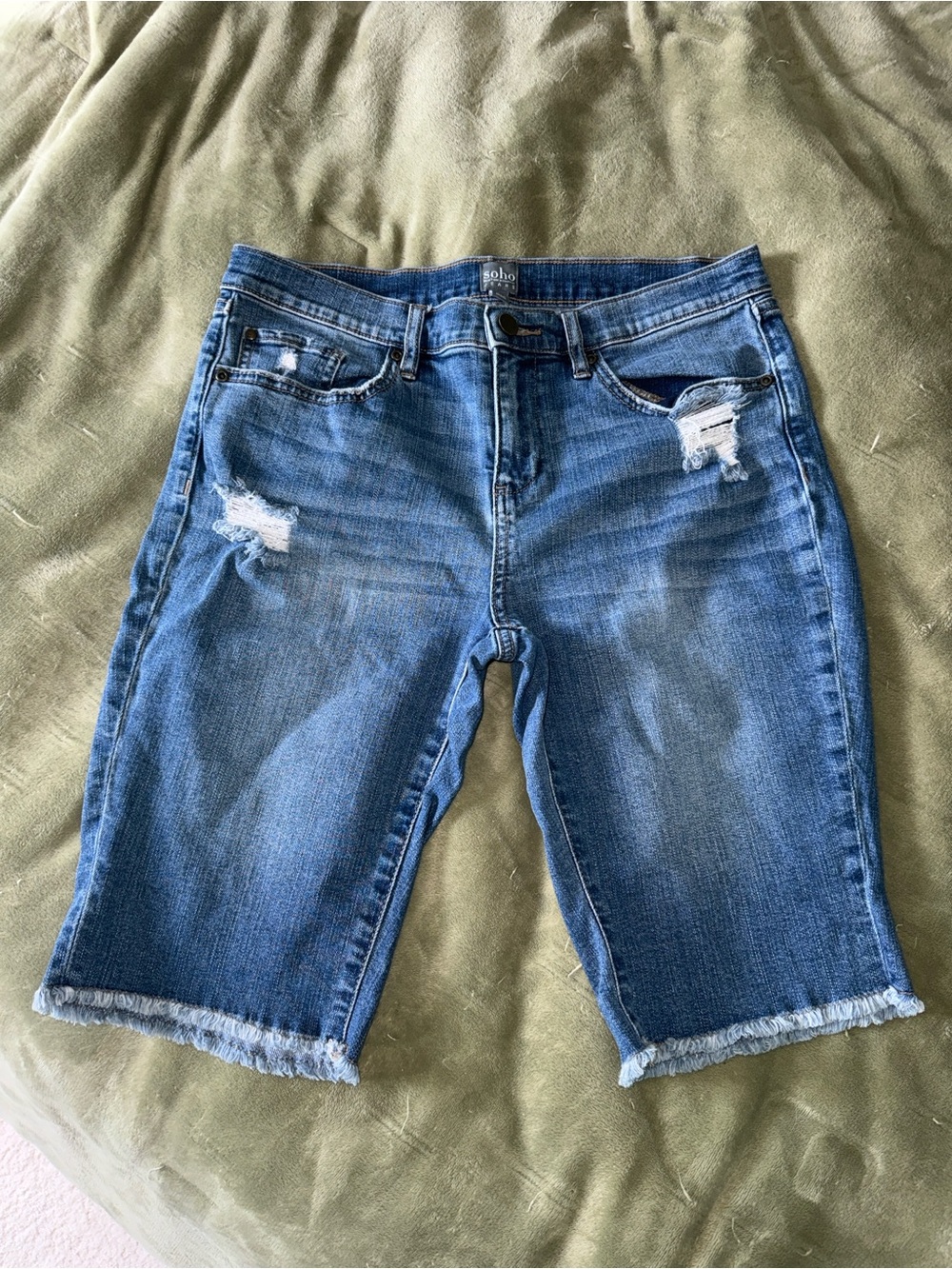 Soho Medium Blue Distressed Denim Bermuda Shorts
